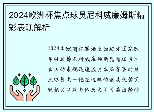 2024欧洲杯焦点球员尼科威廉姆斯精彩表现解析 2024欧洲杯焦点球员尼科威廉姆斯精彩表现解析